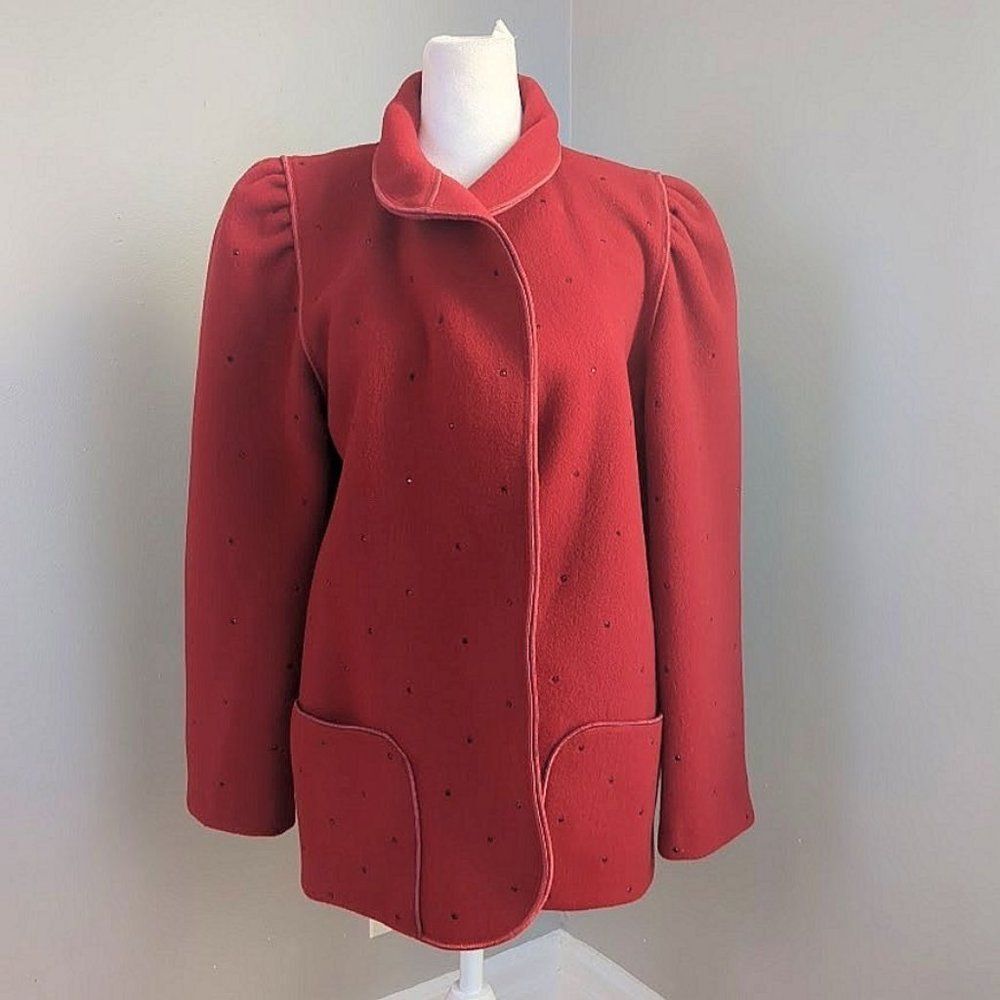 Vintage 1970s Mrs. H Winter Wool Coat Red Rhinestones Pockets Cottage Puff 4